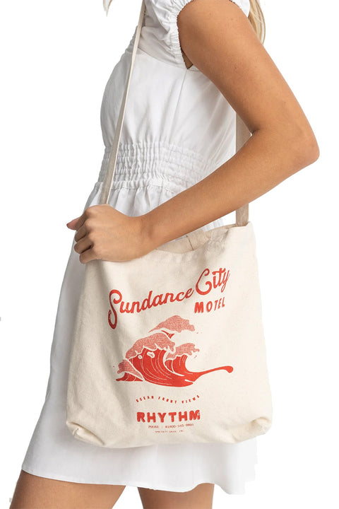 Rhythm Motel Record Tote Bag - Natural- Front on models shoulder