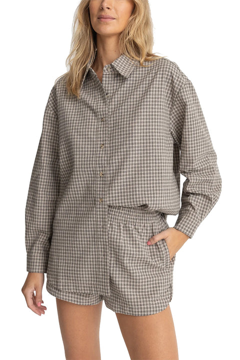 Rhythm Sandy Check Oversized Shirt - Natural- Front close up