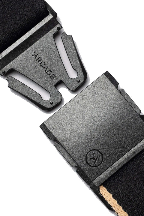 Arcade Blackwood Belt - Black / Sand- Close up on open buckle