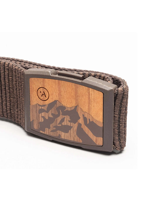 Arcade Woody Belt - Heather Walnut- Close up of closed buckle