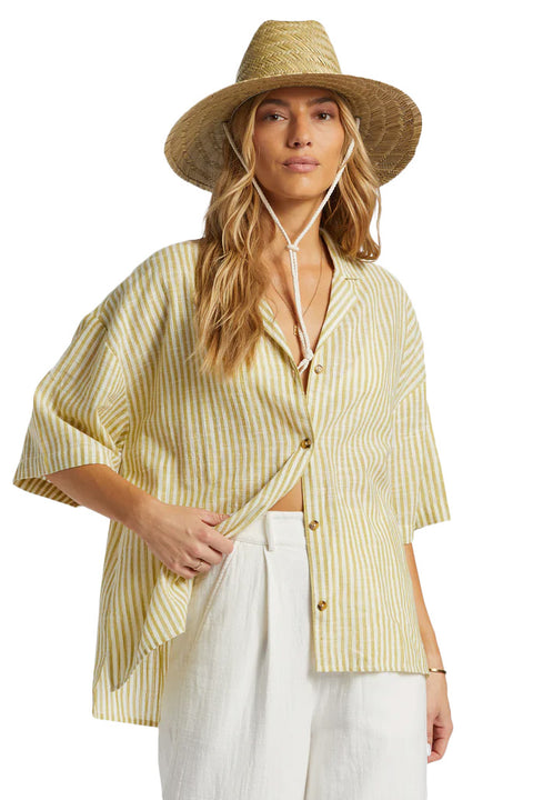 Billabong Beach Side Oversized Short Sleeve Shirt - Moss Joy- Front with one button done