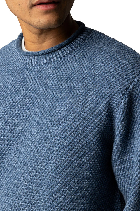 Finisterre Barents Jumper - Denim- Close up of front