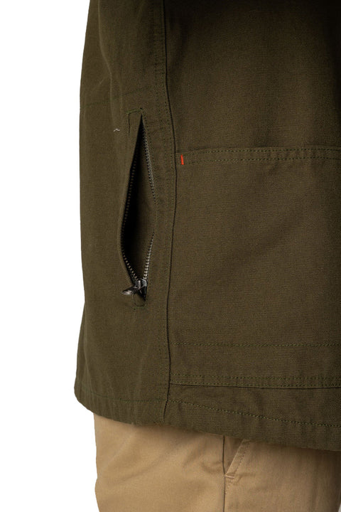 Finisterre Basset Flannel Lined Jacket - Olive- Close up on zipper pocket