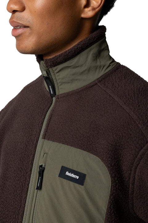 Finisterre Bolster Full Zip Fleece - Burnt Umber / Olive- Close up on neckline