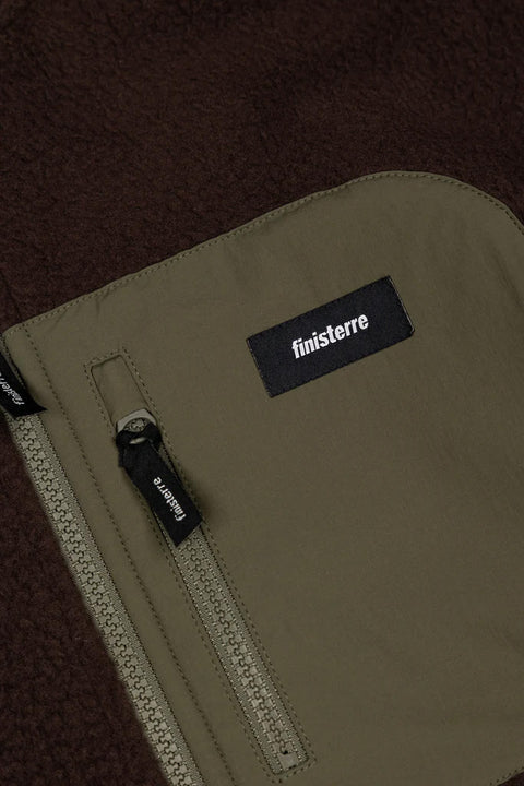 Finisterre Bolster Full Zip Fleece - Burnt Umber / Olive- Close up on zipper pocket