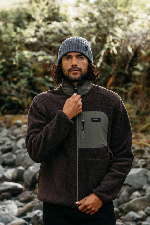 Finisterre Bolster Full Zip Fleece - Burnt Umber / Olive- Close up on front