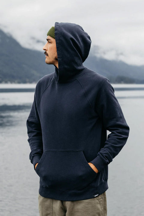 Finisterre Coho Hoodie - Navy- Side with hood up