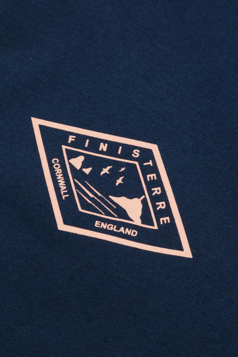 Finisterre Diamond Logo Tee - Navy- Close up on chest logo