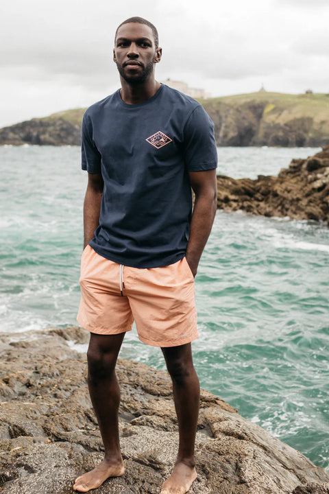 Finisterre Diamond Logo Tee - Navy- Front on model