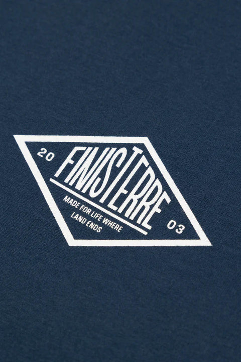 Finisterre Diamond Logo Tee - Navy- Close up on logo