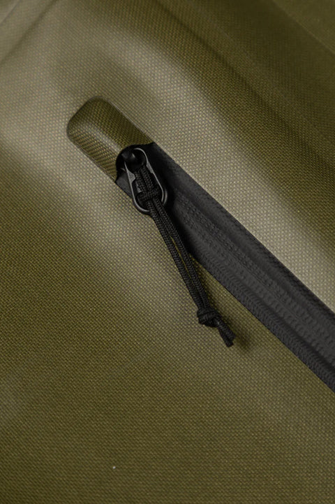 Finisterre Drift 30L Waterproof Roll Top Backpack - Olive- Close up on zipper