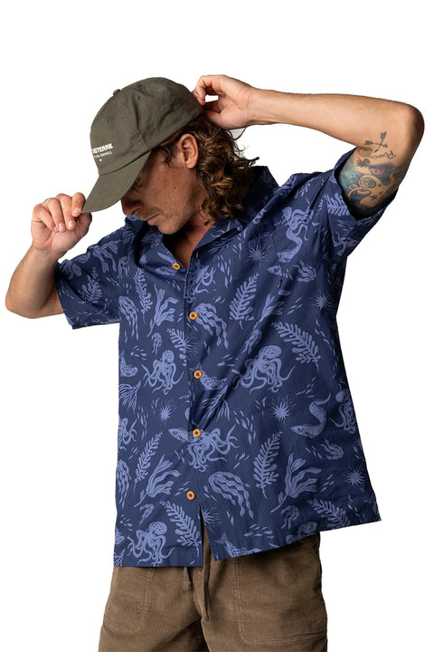 Finisterre Dylan Printed S/S Shirt - Ocean Folk / Galactic- Close up of front