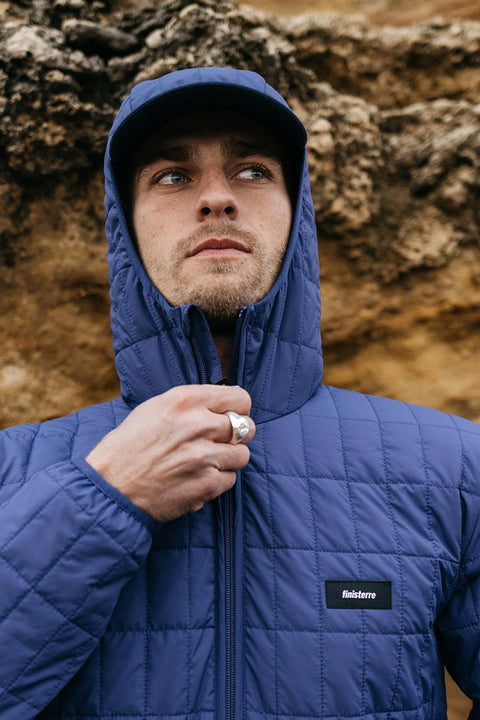 Finisterre Firecrest Hooded Jacket - Midnight - Zipper with hood up