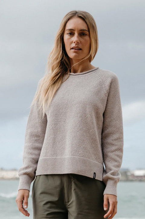 Finisterre Kerrow Stitch Jumper - Oat- Front on model