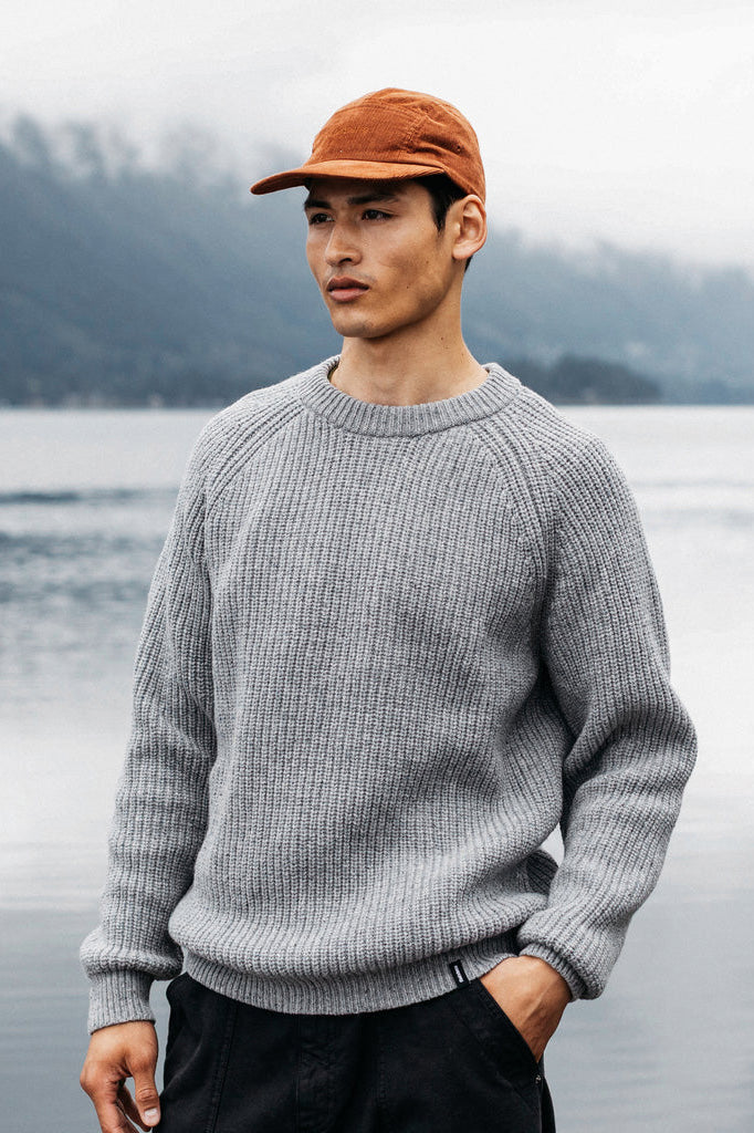 Finisterre Mora Knit Sweater - Grey / Blue | Moment Surf Company