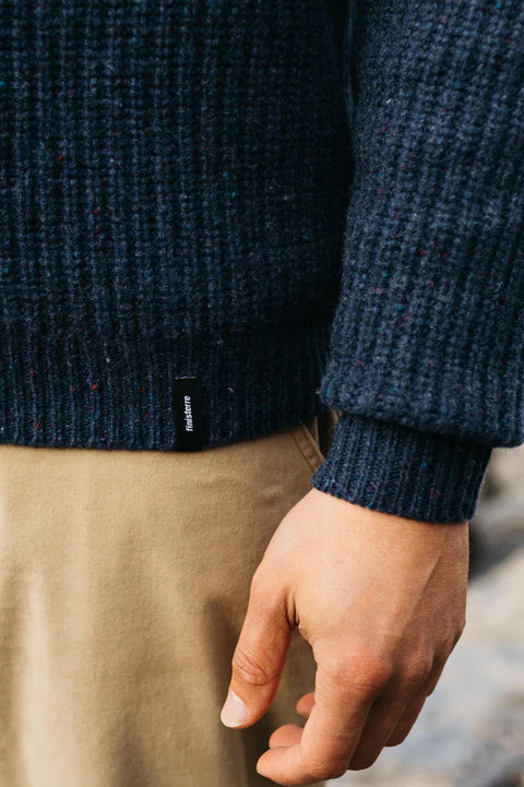Finisterre Mora Knit Sweater- Navy - Wrist Closeup