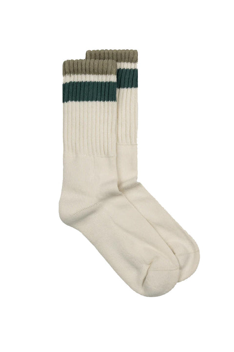 Finisterre Retro Summer Sock - Ecru / Nettle / Deep Sea- Both socks unrolled
