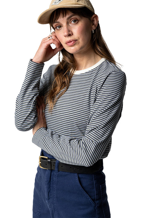 Finisterre Women's Eldon Stripe L/S Tee - Winter Sky / Bay Leaf- Close up of front