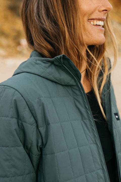 Finisterre Women's Firecrest Hooded Jacket - Deep Sea - Closeup On Collar / Hood