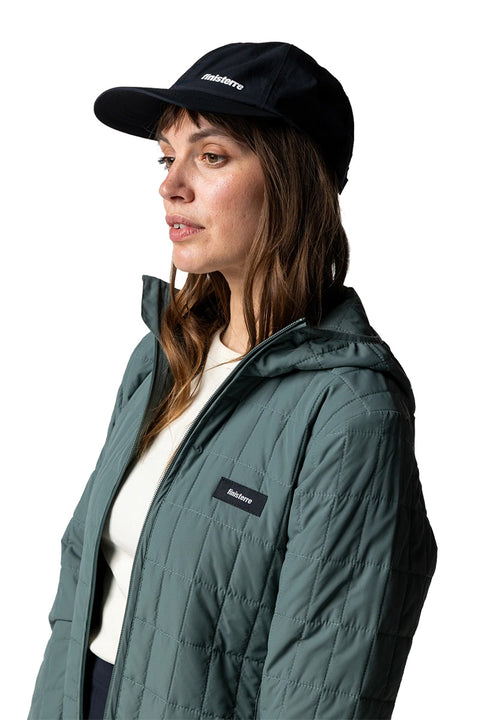 Finisterre Women's Firecrest Hooded Jacket - Deep Sea- Close up of front logo