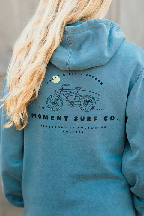 Moment Beach Bike Pullover Hoodie - Pigment Slate Blue - Back Closeup 2