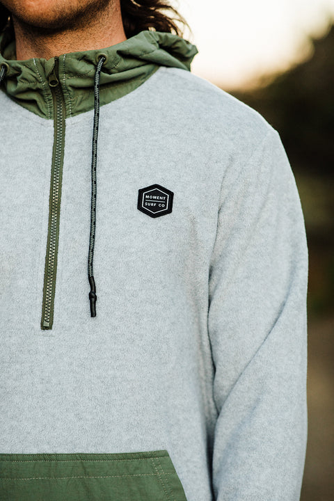 Moment Boxed Logo 1/2 Zip Pullover Polar Fleece - Heather Grey - Chest Closeup