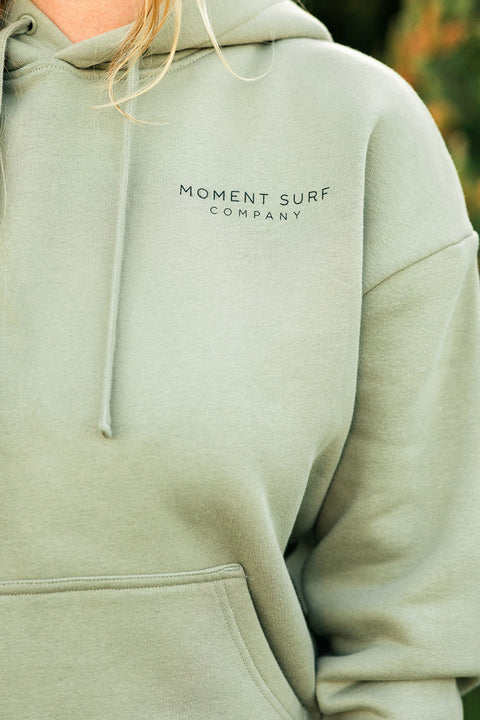 Moment Women's Surf Shack Pullover Hoodie - Eucalyptus - Front Closeup