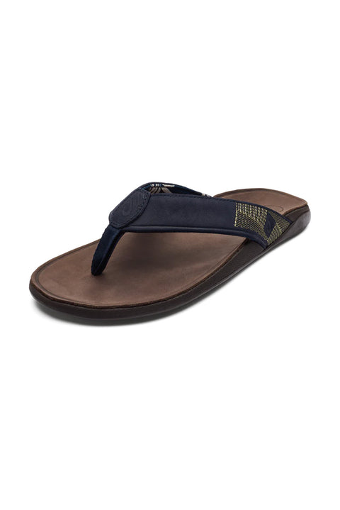 Olukai Tuahine Leather Sandals - Trench Blue / Dark Wood - Left Side