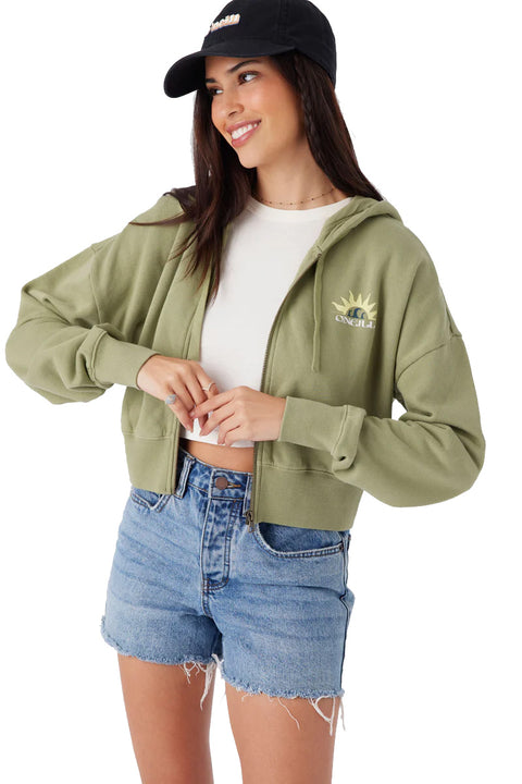 O'Neill Darcie Hooded Zip Fleece Jacket - Oil Green- Front close up