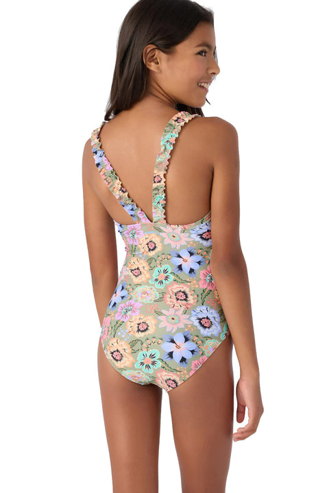 O'Neill Girl's Talitha Floral Ruffle One Piece Swimsuit - Oil Green - Back
