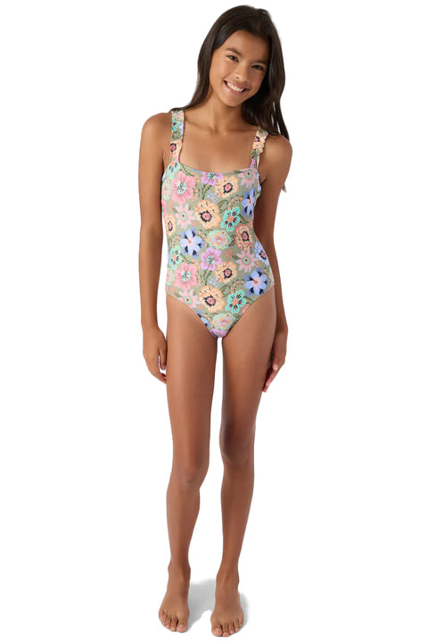 O'Neill Girl's Talitha Floral Ruffle One Piece Swimsuit - Oil Green - 2