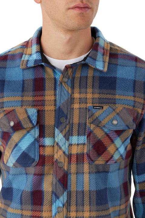 O'Neill Glacier Plaid Superfleece Flannel - Blue Shadow - Close Up Collar