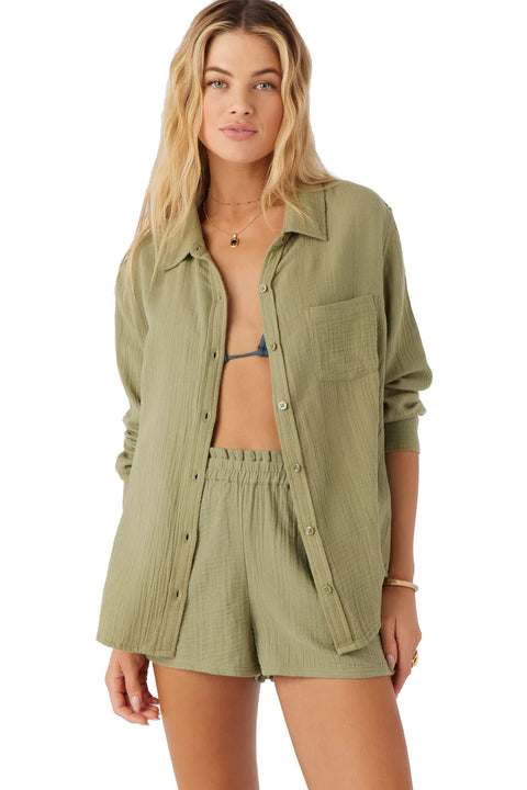 O'Neill Leni Double Gauze Long Sleeve Top - Oil Green- Front
