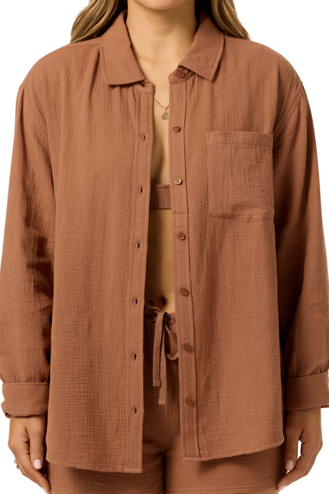 O'Neill Leni Relaxed L/S Woven Shirt - Carob Brown- Close up on front