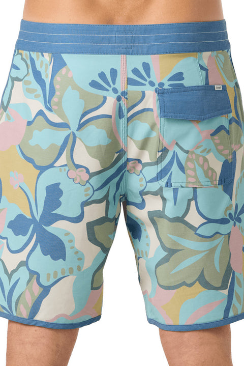 Floral-patterned board shorts with a blue waistband on a plain background