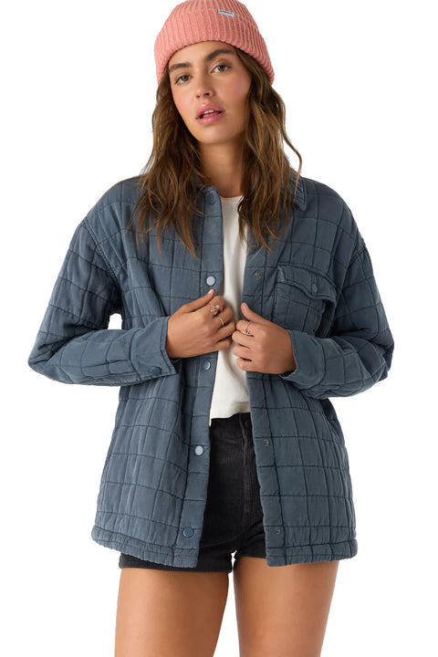 O'Neill Rya Quilted Oversized Fit Snap Front Jacket - Slate- Front close up