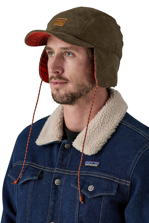 Patagonia Ranger Earflap Cap - Dark Walnut- Front on model with flaps down