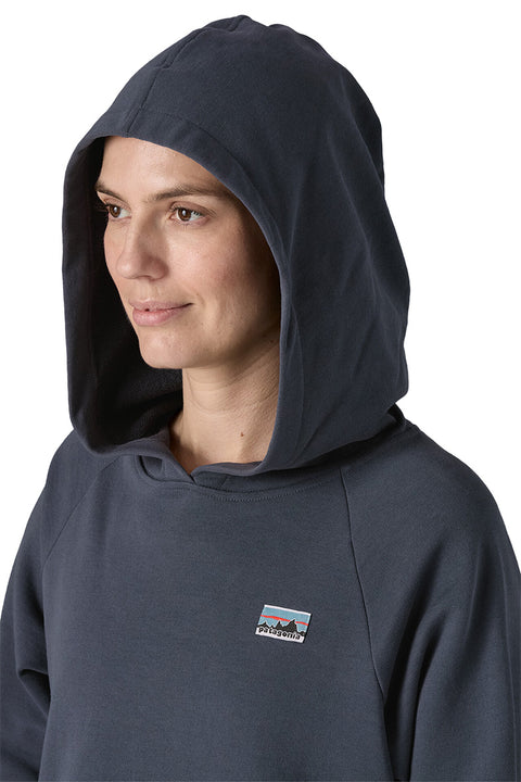 Patagonia Women's Regenerative Organic Certified Cotton Essential Hoody - Smolder Blue- Close up of front with hoody on
