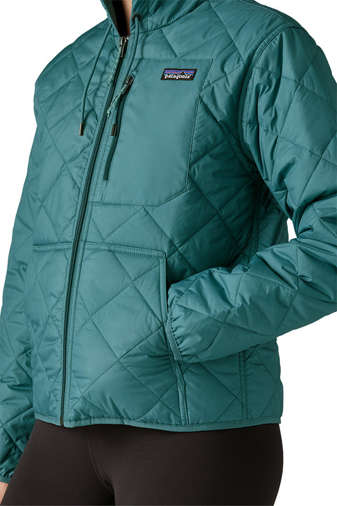 Patagonia Women's Diamond Quilted Bomber Hoody - Wetland Blue- Close up on the front chest pocket