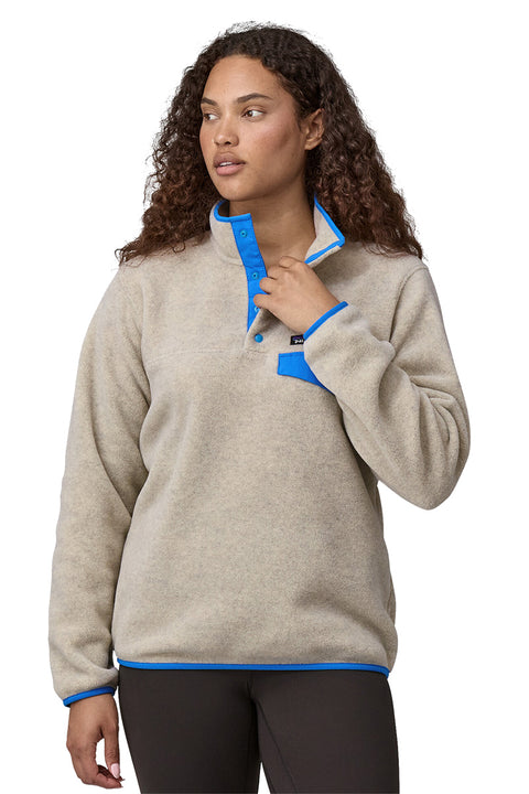 Patagonia Women's Lightweight Synchilla Snap-T Pullover Fleece - Oatmeal Heather w/ Vessel Blue- Front close up