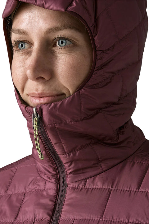 Patagonia Women's Nano Puff Hoody - Berry Fig- Close up of hood on