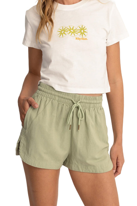 Rhythm Astrid Elasticated Short - Palm- Front view close up