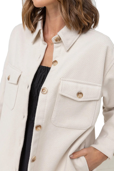 Rhythm Classic Minimal Shacket - Oat - Closeup Chest