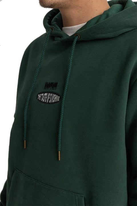 Rhythm Embroidered Fleece Hoodie - Pine- Close up in chest logo