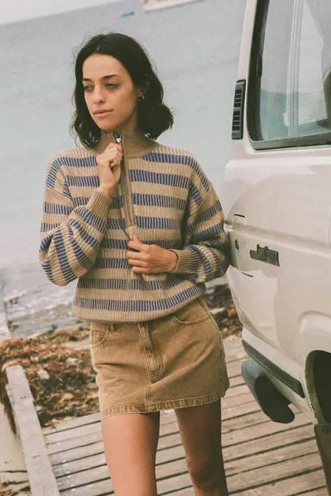 Rhythm Estelle Quarter Zip Striped Knit - Cobalt- Front with zipper pulled up