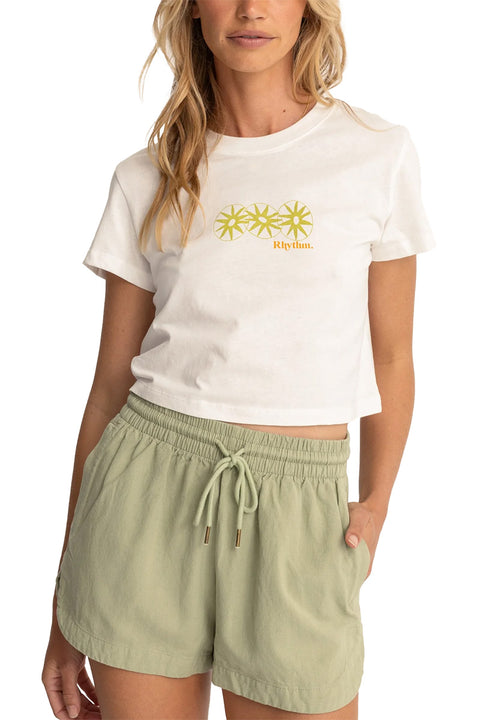 Rhythm Horizon Vintage Crop Crew Tee - Vintage White- Close up view of front