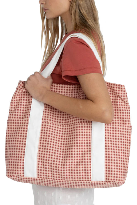 Rhythm Lola Check Tote Bag - Red- Close up on front