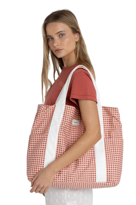 Rhythm Lola Check Tote Bag - Red- Front with logo showing