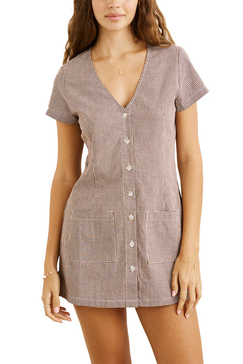Rhythm London Check Button Front Mini Dress - Chocolate- Front