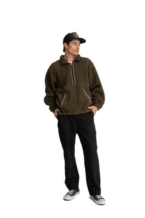 Rhythm Sherpa Pullover - Olive- Full view on model